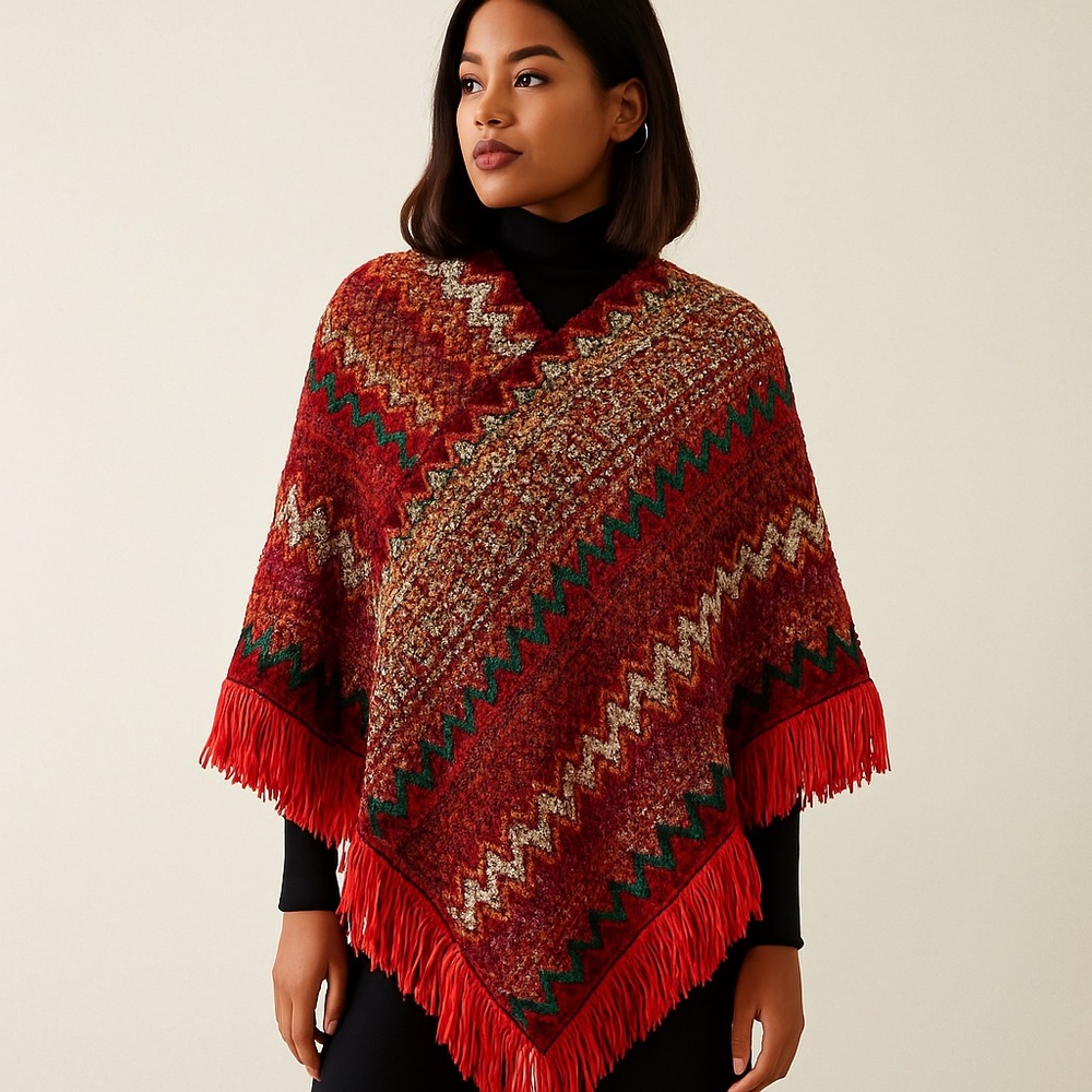 Red and Green Zigzag Patterned Poncho/Shawl/Cape. One Size